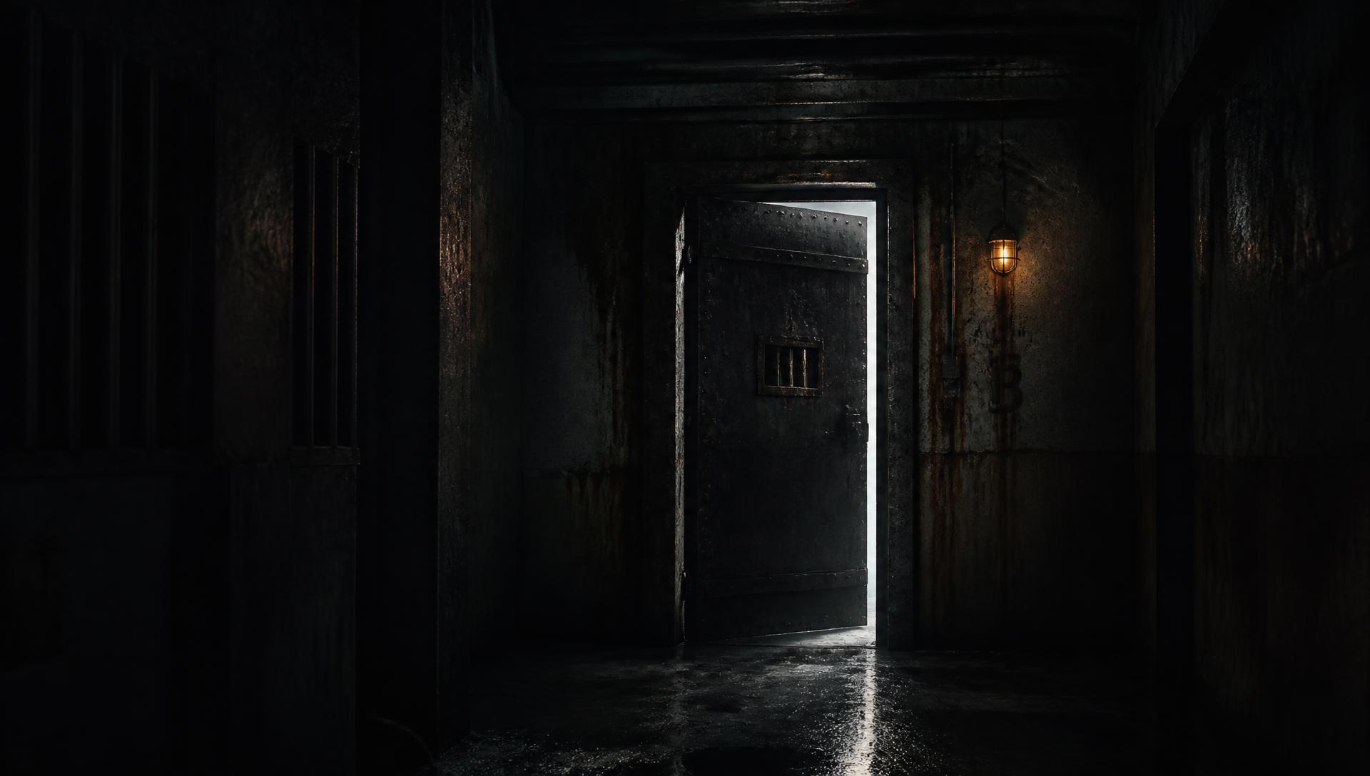 A heavy steel prison door standing ajar in a dark concrete corridor